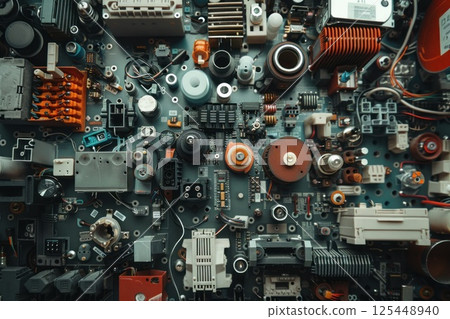 A close-up of a circuit board covered in various electronic components. 125448940