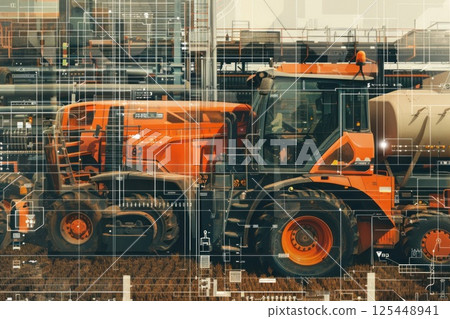 A close-up of an orange tractor working in a field with digital overlay. 125448941