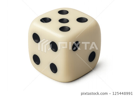 Classic Six-Sided Die With Black Dots Resting on a Flat Surface 125448991