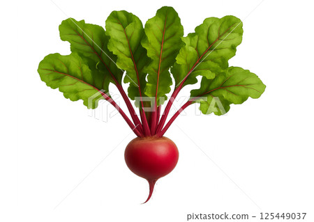 Fresh Red Radish With Vibrant Green Leaves Displayed on a White Background 125449037