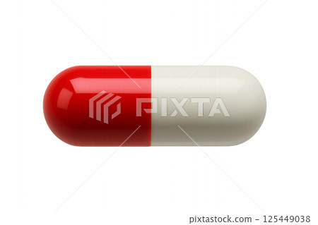 Bright Red and White Capsule Resting on a Surface Viewed From a Top Angle in Detailed Focus 125449038