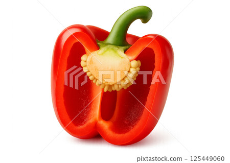 Red Bell Pepper Cut in Half Showcasing Seeds and Inner Structure in a Bright Setting 125449060