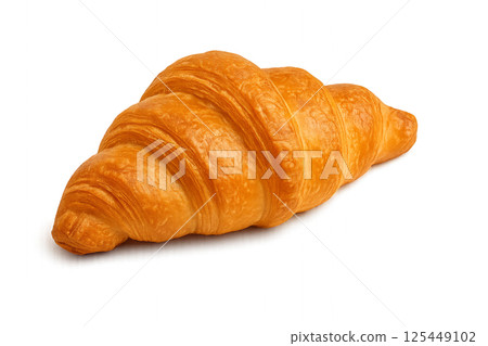 Freshly Baked Croissant on a White Background Showcasing Golden Crust and Flaky Layers 125449102