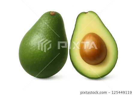 Fresh Avocado Sliced in Half Revealing Seed and Vibrant Green Flesh on White Background 125449119