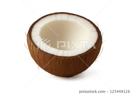 Coconut Shell Halved Showcasing Smooth Inner Flesh and Textured Brown Outer Layer 125449128