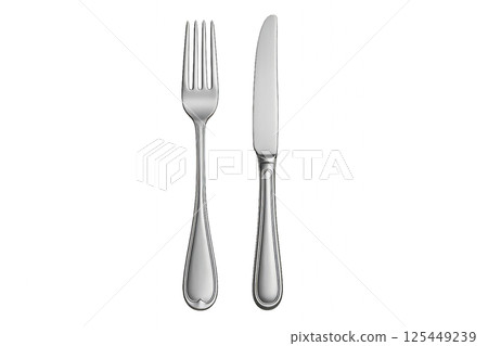 Cutlery Set Featuring a Fork and Knife on a Simple Background for Dining Cutlery Set Featuring a Fork and Knife on a Simple Background for Dining 125449239