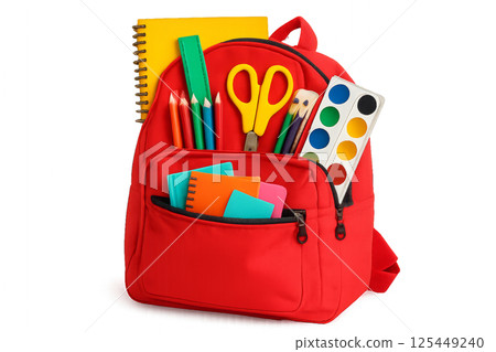 Backpack Filled With School Supplies Including Notebooks, Scissors, and Colored Pencils at Home Backpack Filled With School Supplies Including Notebooks, Scissors, and Colored Pencils at Home 125449240