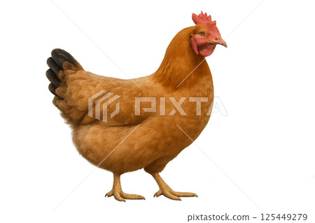 Brown Hen Standing Confidently Against a Neutral Background in a Sunny Setting 125449279