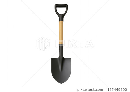 Black Shovel With Wooden Handle on a White Background Ready for Gardening Tasks 125449300