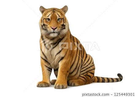 Majestic Tiger Sitting Calmly on White Background Showcasing Vivid Orange and Black Stripes 125449301