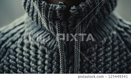 Close-up of a gray knitted zippered sweater with a hood. 125449341