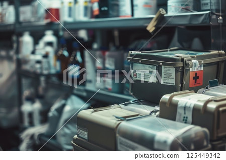 A close-up of a green plastic box on a shelf in a storage room. The box has a red cross sticker on it and is surrounded by other boxes and bottles. 125449342