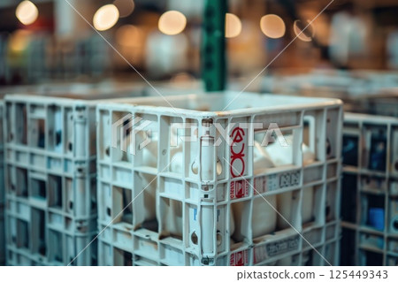 White plastic crates with milk bottles stacked inside, in a grocery store setting. 125449343