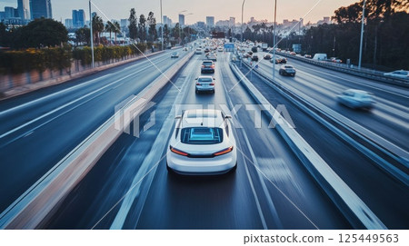 White car driving on a busy highway at sunset. 125449563