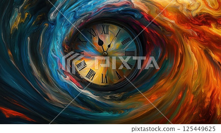 Abstract swirling colors surrounding an antique clock face. Abstract swirling colors surrounding an antique clock face. 125449625