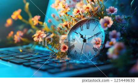 Clock & flowers on laptop; surreal time concept. 125449630
