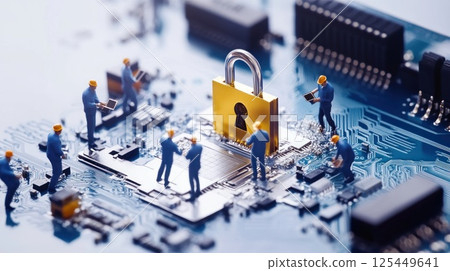 Miniature workers securing a gold padlock on a circuit board. Miniature workers securing a gold padlock on a circuit board. 125449641