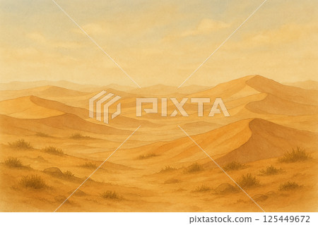Wide-open desert landscape | Dry earth and sand dunes painted in watercolor (nature, landscape) 125449672