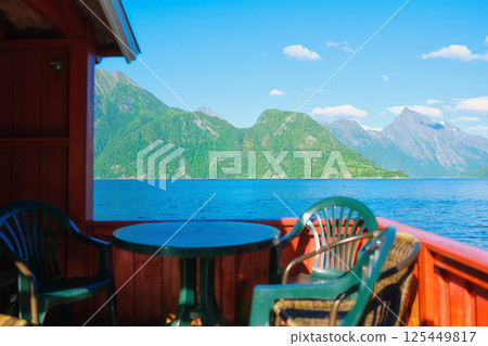 Norway. Nature in fjords. Place for lunch with a beautiful view. Scandinavia. Norway. Nature in fjords. Place for lunch with a beautiful view. Scandinavia. 125449817