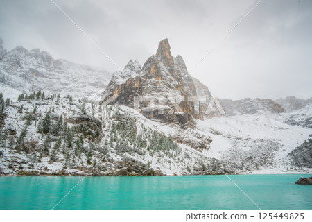 Lake Sorapis, Dolomites, Italy. Lake and reflections on the water surface. 125449825
