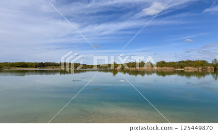 Tranquil lake landscape with clear water reflecting blue sky and lush greenery Tranquil lake landscape with clear water reflecting blue sky and lush greenery 125449870
