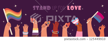 LGBTQ Diverse Hands Holding Rainbow Pride Flags and Hearts. LGBT community. Pride month. Holiday Horizontal banner on dark background with message Stand Up for Love. Vector illustration LGBTQ Diverse Hands Holding Rainbow Pride Flags and Hearts. LGBT community. Pride month. Holiday Horizontal banner on dark background with message Stand Up for Love. Vector illustration 125449910