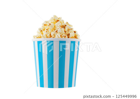 Delicious popcorn, classic box, classic paper cup with Blue stripe, isolated on white background Delicious popcorn, classic box, classic paper cup with Blue stripe, isolated on white background 125449996