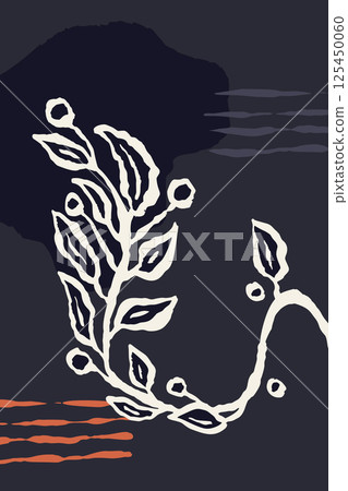 Poster or card with ink brush abstract sketch leaves and organic shapes background. Minimalist floral composition for cover, wall art or brochure design 125450060