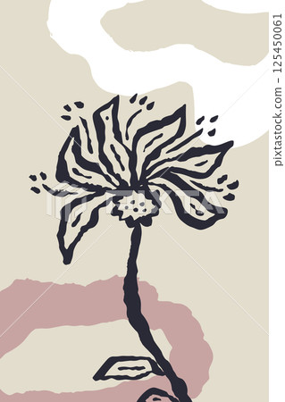 Poster or card with ink brush abstract sketch flower and organic shapes background. Minimalist floral composition for cover, wall art or brochure design. 125450061