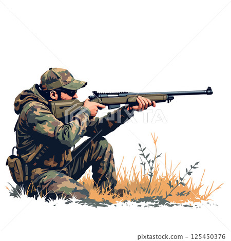 Vsai hunter kneeling and aiming with rifle in tall grass 125450376