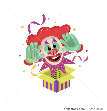 Joke box with funny clown in flat design. Surprise prank at Fools day. Vector illustration isolated. 125450406