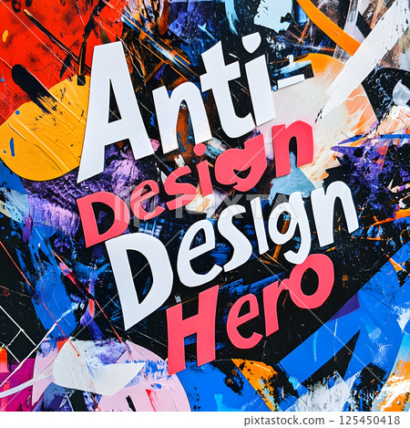 Colorful abstract sticker features bold anti-design hero theme 125450418