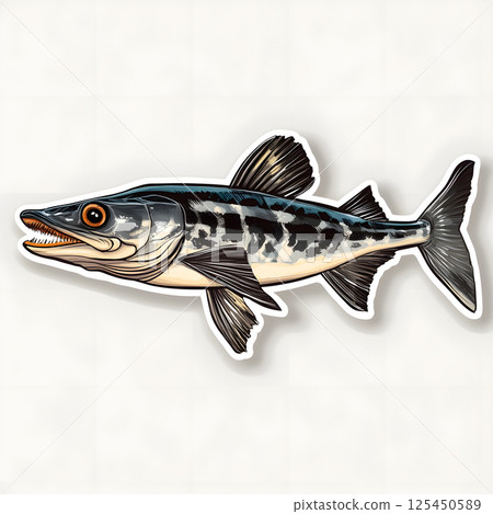 Great barracuda fish sticker showing sharp teeth and fins 125450589