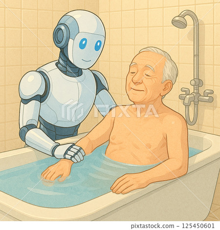 支援沐浴的AI護理機器人插圖（人類、福利、技術） 125450601