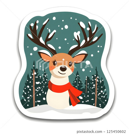 A festive reindeer wearing a red scarf surrounded by snow and trees 125450602