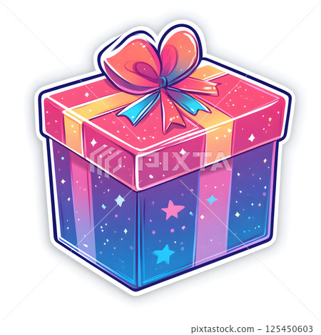 Wrapped galaxy gift box with pink and orange bow celebrating special occasions Wrapped galaxy gift box with pink and orange bow celebrating special occasions 125450603