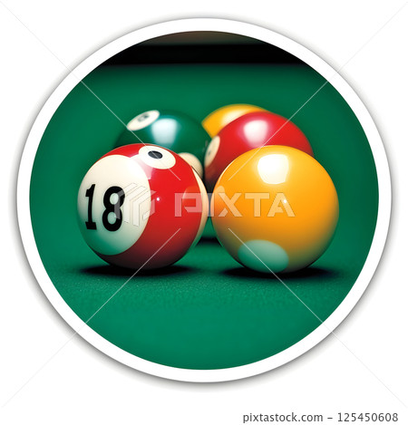 Billiard balls resting on green table in circle frame Billiard balls resting on green table in circle frame 125450608