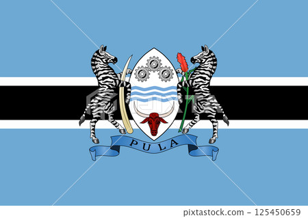 The official current flag and coat of arms of Republic of Botswana. State flag of Botswana. Illustration. 125450659