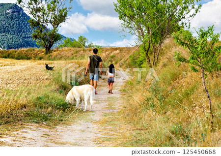 Beautiful photo of a father and daughter walking their dogs in a forest 125450668