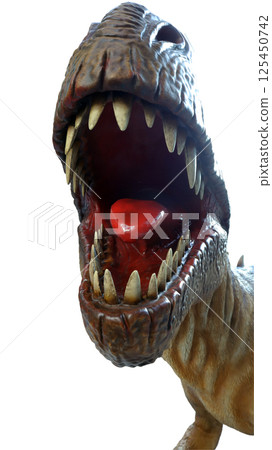 This detailed model of a tyrannosaurus rex features an open mouth showcasing sharp teeth and a vividly colored tongue, perfect for educational purposes or display in a museum or classroom. 125450742
