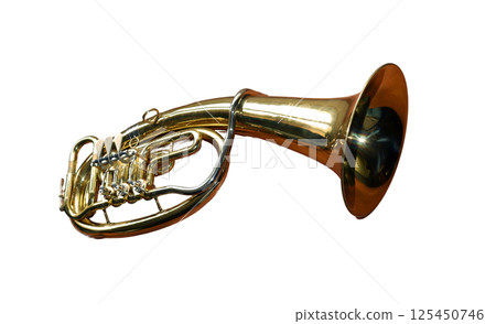 A baritone wind musical instrument is showcased with its gleaming brass finish visible. The rich color and detailed structure emphasize the instrument's artistry and musical significance. 125450746