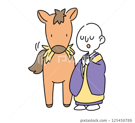 Illustration of a horse and a monk - Prayer in the horse's ears 125450789
