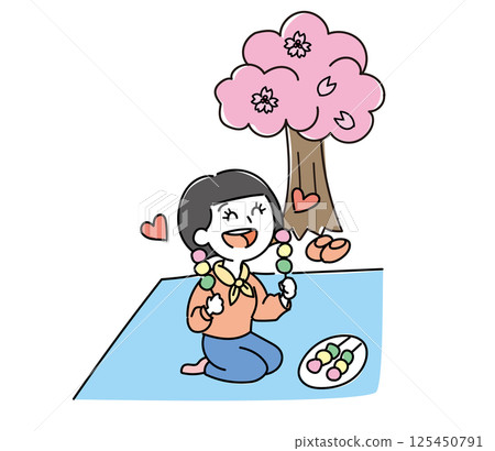 Illustration of a girl eating dumplings in front of a cherry blossom tree - Dumplings are better than flowers 125450791