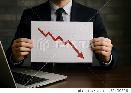 股市崩盤,商人拿著一張紙,上面有一張紅色向下箭頭的圖表,顯示經濟衰退 股市崩盤,商人拿著一張紙,上面有一張紅色向下箭頭的圖表,顯示經濟衰退 125450858