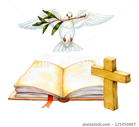 Holy book with cross and dove 125450907