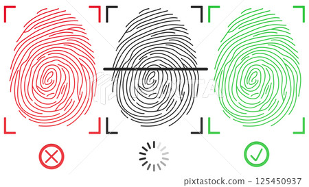 Set of fingerprints. Fingerprint accepted, progress loading of fingerprint, and rejected. 3D rendering 125450937