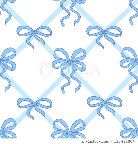 Coquette seamless pattern Blue Ribbon Bow. Pretty Girly bows on white background with blue cross ribbons. Trendy feminine romantic art for greeting cards, textile, fabric, wallpaper, wrapping. Vector 125451004