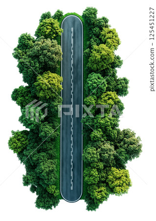Straight road with dashed line, surrounded by green trees, isolated on a transparent background. Asphalt road with lane marking and forest on both sides. 125451227