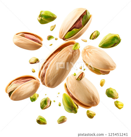 Pistachio nuts with beige shells and green kernels, isolated on a transparent background. Whole and opened pistachios, scattered nuts in various positions, realistic surface and natural texture. 125451241