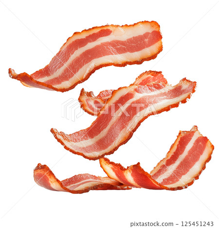 Crispy fried bacon slices isolated on a transparent background. Curved strips of cooked pork with visible fat layers and browned texture, floating arrangement for food and design projects. 125451243